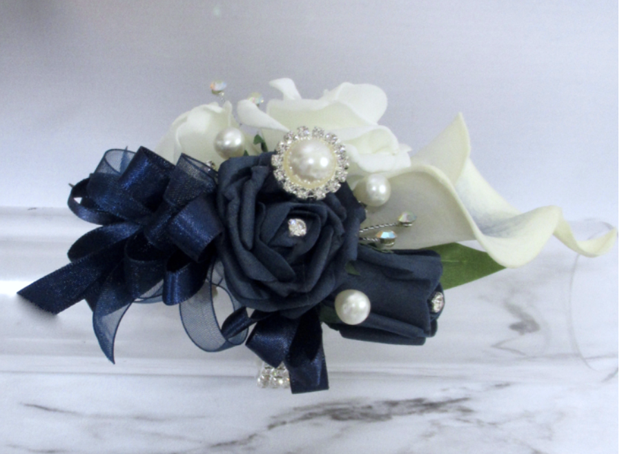 Navy blue & white wrist corsage, navy & white bling corsage